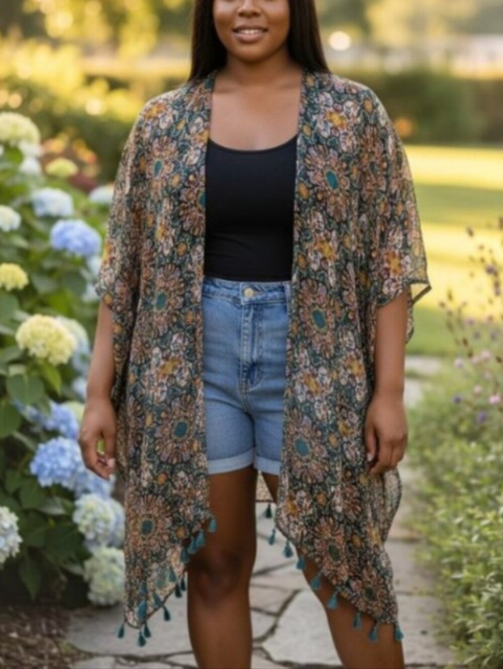 Cato Floral Sheer Kimono W/Tassels